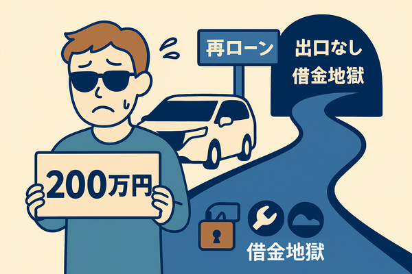 アルファード残価設定ローンで200万円の残価を払えず、再ローンに追い込まれ「出口なし・借金地獄」に進んでいく若者を描いたイラスト