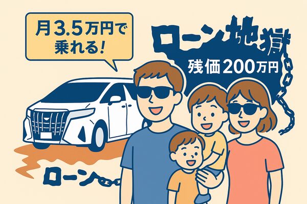 月3.5万円で乗れると喜ぶ若者家族がアルファードの前に立つが、背後には残価200万円やローン地獄の影が描かれ、後悔を暗示するイラスト