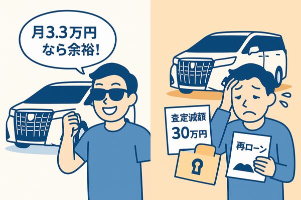 アルファード残価設定ローンを契約し「月3.3万円なら余裕」と喜んだ若者が、満了時に査定減額30万円と再ローンに追い込まれて後悔する様子を左右対比で描いたイラスト