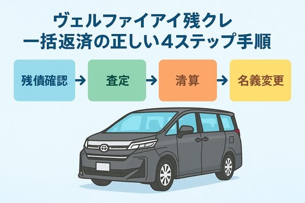 ヴェルファイア残クレを途中解約・一括返済する際の流れ「残債確認→査定→清算→名義変更」を図解したイラスト。