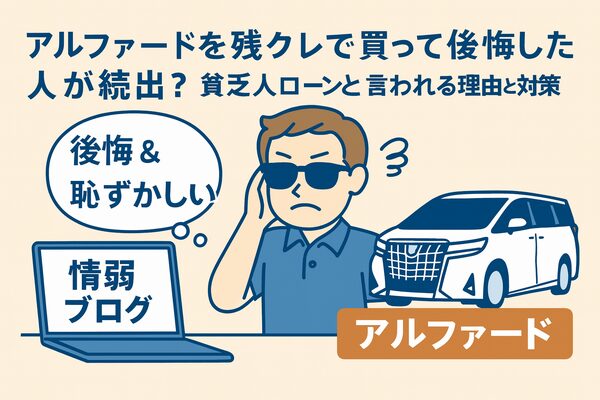 アルファードを残クレで購入して後悔しているサングラス姿の若者家族を描いたイラスト。情弱ブログと後悔・恥ずかしいという吹き出し入りのアイキャッチ画像。