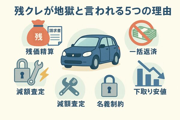 残クレが「地獄」と言われる理由として、残価精算・途中解約・減額査定・下取り安値・名義制約の5つのリスクを示すイラスト