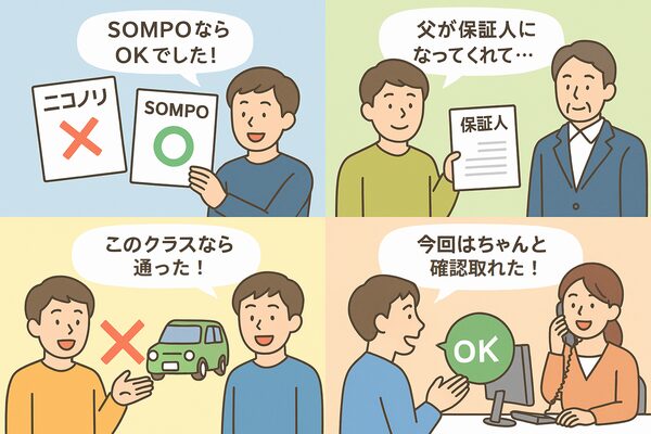 ニコノリ審査に落ちた人が再チャレンジで通過した4つの事例（SOMPOで通過／保証人追加／車種ダウン／在籍確認成功）をイラストで説明した図解
