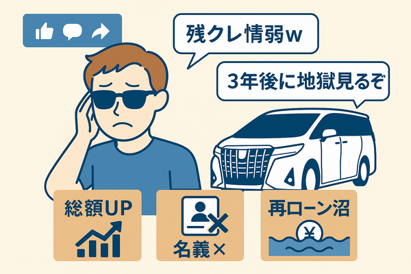 アルファード残価設定ローンがSNSで「情弱」「地獄」と揶揄される様子を描いたイラスト。総額UP・名義の制限・再ローン沼という3つの根本理由を分かりやすく示す