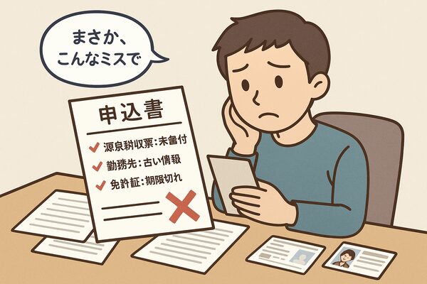源泉徴収票の未添付・勤務先情報の誤記・免許証の期限切れなど、単純ミスで審査に落ちたケースを描いたイラスト。申込書に赤い✕マークとチェックリストあり