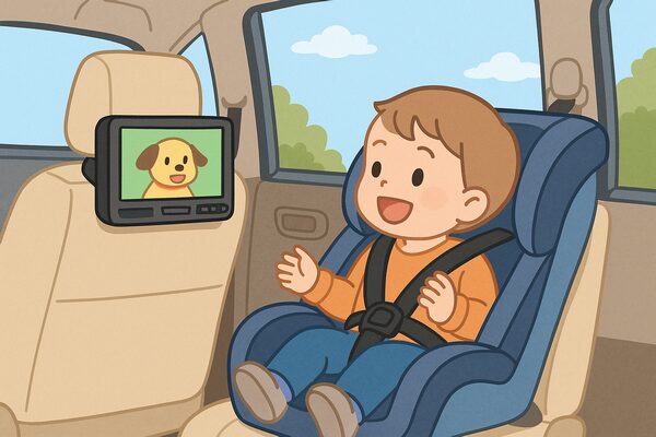 ヘッドレストに固定したポータブルDVDプレーヤーを楽しむチャイルドシートの子ども|簡単設置で使える構成が伝わる後部座席のイラスト