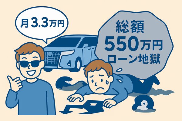 月3.3万円の安さに惹かれてアルファードを残クレ契約した若者が、最終的に総額550万円のローン地獄に押し潰され後悔する様子を示すイラスト
