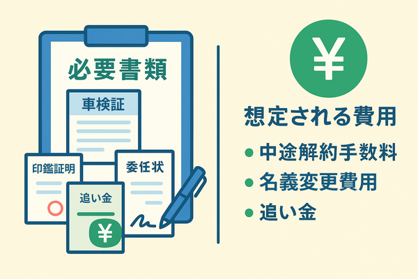 ヴェルファイア残クレを解約する際に必要な書類（車検証・印鑑証明など）と想定される費用（解約手数料・名義変更費用・追い金）をまとめたイラスト。