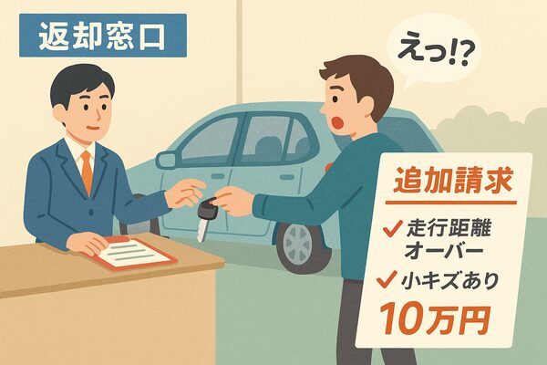 残クレで車を返却しても「走行距離オーバー」「小キズ」で追加請求され、利用者が驚く様子を描いたイラスト