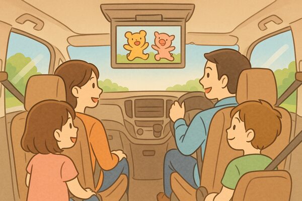 フリップダウンモニターを使って後部座席の子どもたちが同じ映像を楽しむ車内風景|家族でドライブ中の快適なミニバンのイラスト