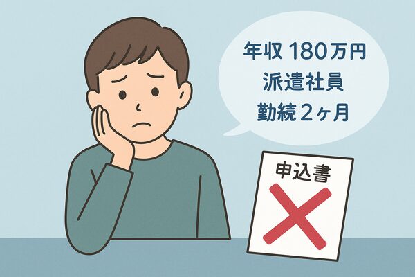 年収180万円・派遣社員・勤続2ヶ月という弱い属性で審査に落ち、困惑する男性を描いたイラスト。審査基準における「属性の弱さ」の視覚化