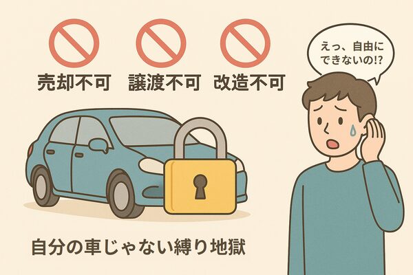 残クレ契約の車に南京錠がかかり、「売却不可」「譲渡不可」「改造不可」の制限が表示され、利用者が「えっ、自由にできないの!?」と驚いているイラスト