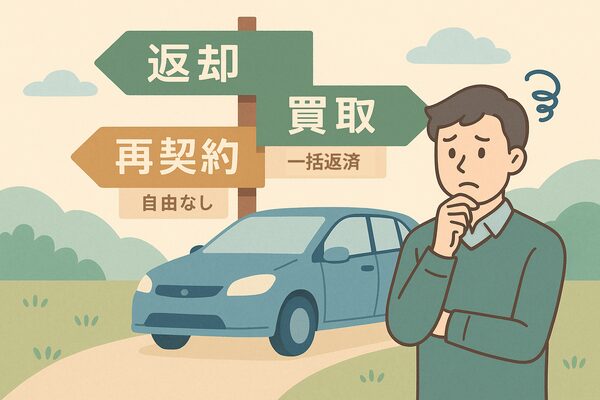 残クレ契約では「返却・買取・再契約」のいずれも制約があり、出口戦略を持たないと詰むことを示すイラスト