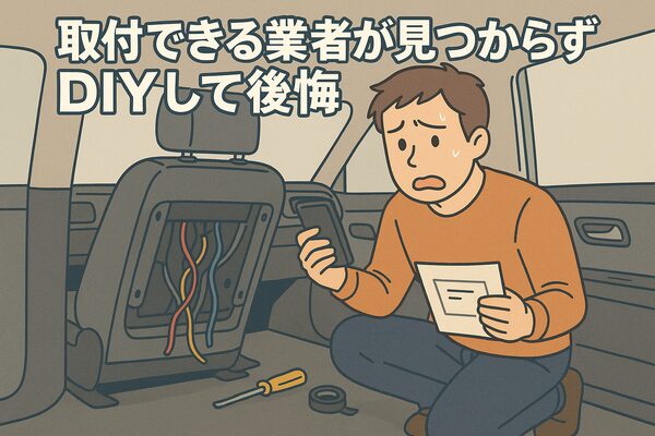 配線作業で焦る男性と分解された後部座席の内装|業者が見つからずDIYして後悔したケースを描いたイラスト