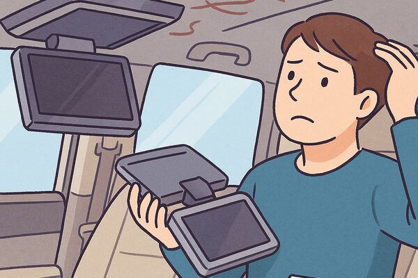 フリップダウンモニターを天井に取り付けられず困惑する男性|車種に合わないモニター選びの失敗を描いたイラスト