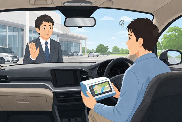 カーナビの持ち込み取付をディーラーで断られているイメージ