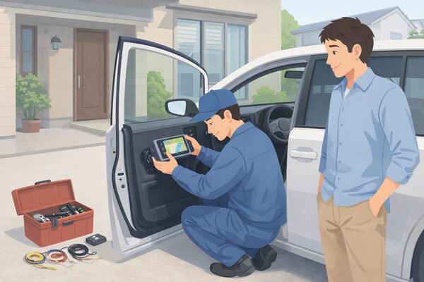 カーナビの持ち込み取付を専門業者に依頼しているイメージ