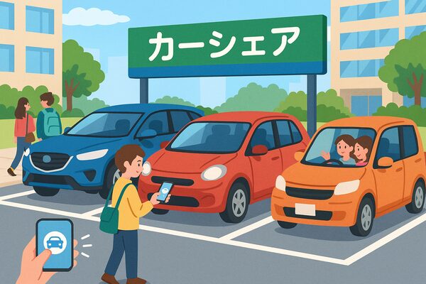 カーシェア専用駐車場で利用者がスマホで予約し、必要なときに気軽に車に乗れる様子を描いたイラスト