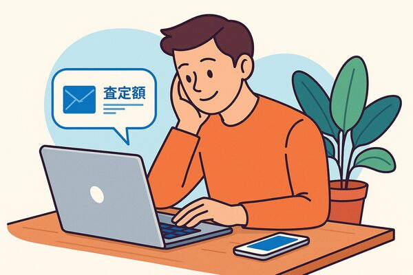 車 一括査定 電話 しつこい 回避 方法｜メール査定で比較を冷静に進める様子を描いたイラスト