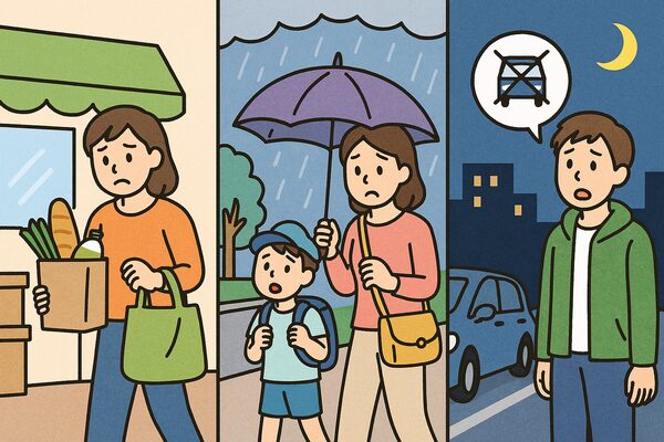 買い物や子どもの送迎、深夜の移動などで車がなく不便に感じる場面を描いたイラスト