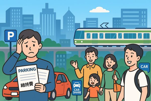 都市部で車を持たない生活が広がり、カーシェアや公共交通を活用して自由とお金を増やす様子を表すイラスト