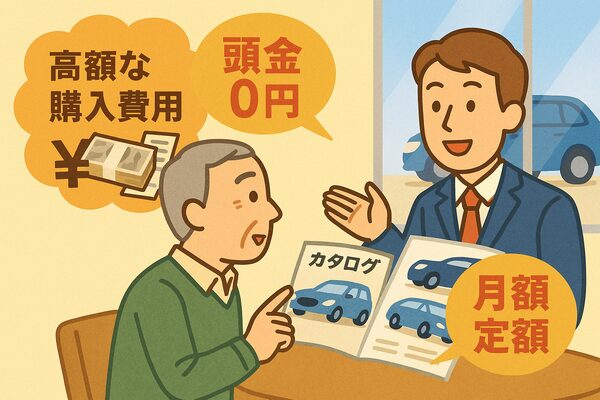 60代男性が新車カタログを見て、頭金ゼロ・月額定額制のメリットに気づき“買わずに乗る”選択を検討する様子のイラスト