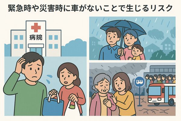 病院への搬送や災害時の避難で車がなく、公共交通が止まり移動できず困っている人々を描いたイラスト