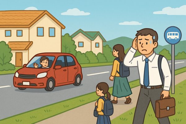 地方の住宅街で、車がなく通勤や通学に困っている人と、車で快適に移動する人を対比したイラスト