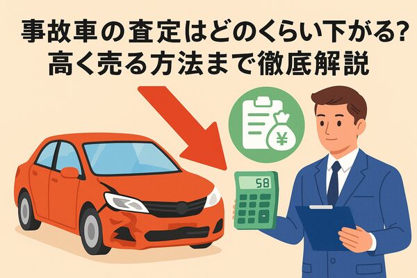 事故車 査定 の下落幅と高く売る方法をイメージしたアイキャッチ画像｜破損車と査定員、下落矢印のイラスト