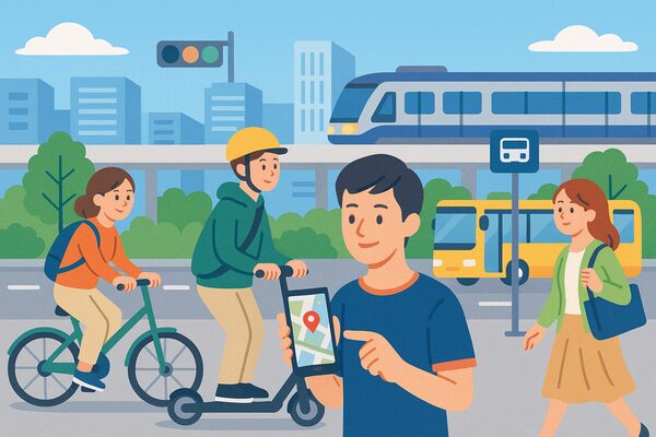 都市で自転車や電動キックボード、公共交通を組み合わせ、車を持たなくても快適に移動する様子を描いたイラスト