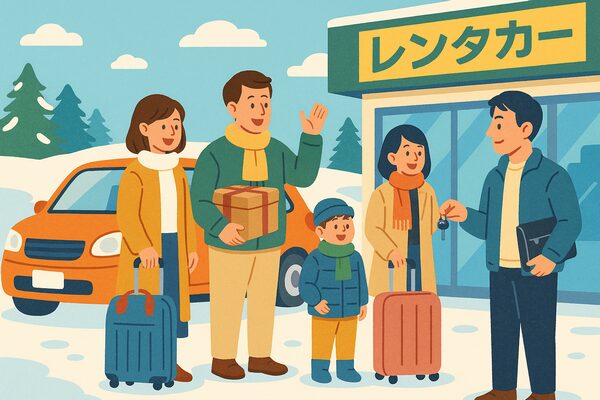 家族や旅行客がレンタカー店で車を借り、旅行や帰省を気楽でお得に楽しむ様子を描いたイラスト