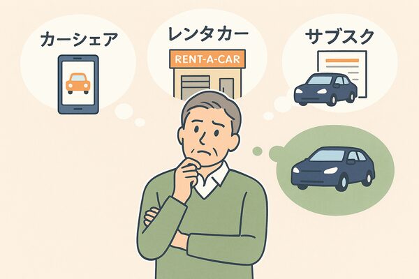 60代男性がカーシェア・レンタカー・サブスクの3つの選択肢を前に比較検討している様子を表すイラスト
