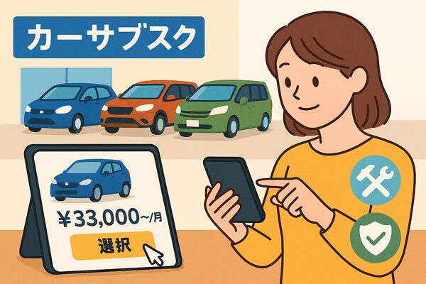 スマホアプリで車を選び、保険や整備も含まれるサブスクで手間なく安心して利用できる様子を描いたイラスト