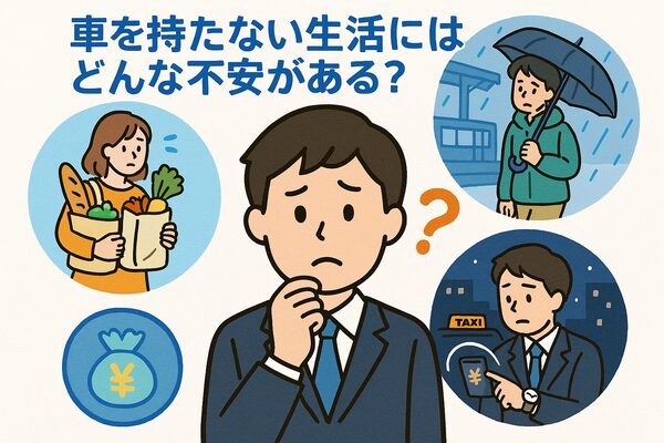新社会人が車を持たないことで直面する不安を描いたイラスト。スーパーのまとめ買い、雨の中の通勤、終電がなくタクシー代に悩む3つのシーンを表現。
