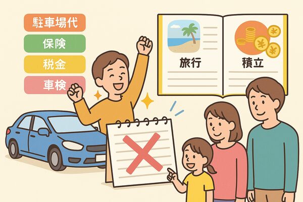 駐車場代・保険・税金・車検の負担がなくなり、浮いたお金で家族が旅行や貯金に回せる様子を描いたイラスト