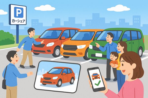 カーシェアの駐車場に並ぶコンパクトカー・SUV・ミニバンから、利用者がスマホで自由に選んでいる様子を描いたイラスト