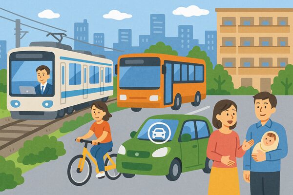 車の所有には駐車場代・税金・保険料・車検・ガソリン代など多くの固定費が発生し、家計を圧迫する様子を表すイラスト