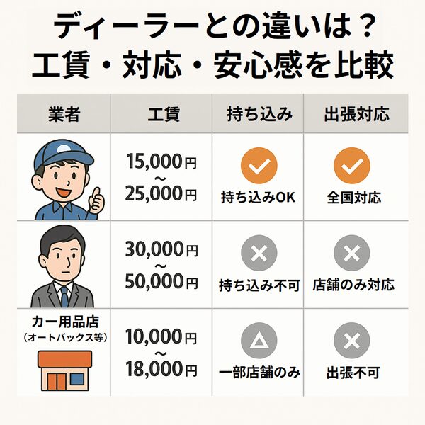 ナビ男くんとディーラーの工賃比較図 持ち込み対応と料金の違い