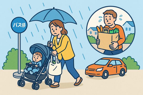 雨の日にベビーカーと買い物袋を抱えてバス停へ向かう親と、大量の買い物袋で徒歩帰宅する人の不便さを描いたイラスト