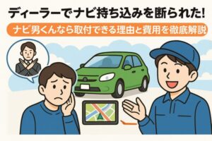 ディーラーにカーナビ持ち込みを断られて困惑する利用者と、ナビ男くんが持ち込み歓迎で取付可能であることを示す図