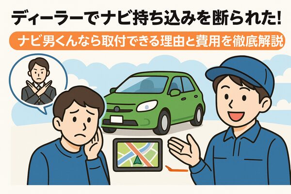 ディーラーにカーナビ持ち込みを断られて困惑する利用者と、ナビ男くんが持ち込み歓迎で取付可能であることを示す図