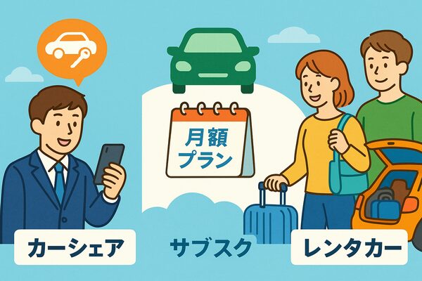 車を持たない新社会人が選べる代替手段を3分割で描いたイラスト。スマホでカーシェアを予約、月額プランのサブスク、旅行や帰省でレンタカーを利用する場面を表現。