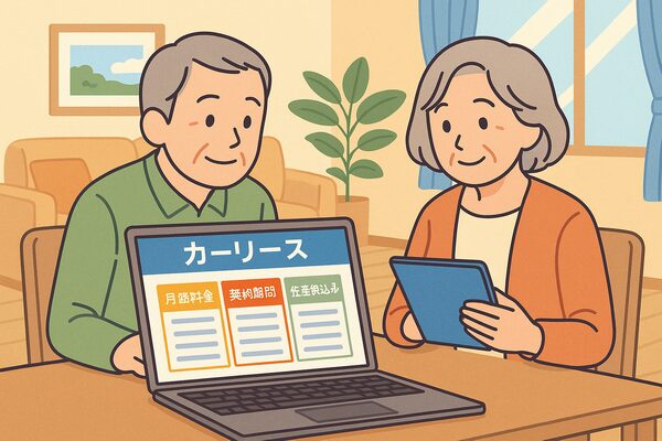 60代夫婦が自宅でノートパソコンを見ながら、月額料金や契約期間などカーリースサービスを比較検討しているイラスト