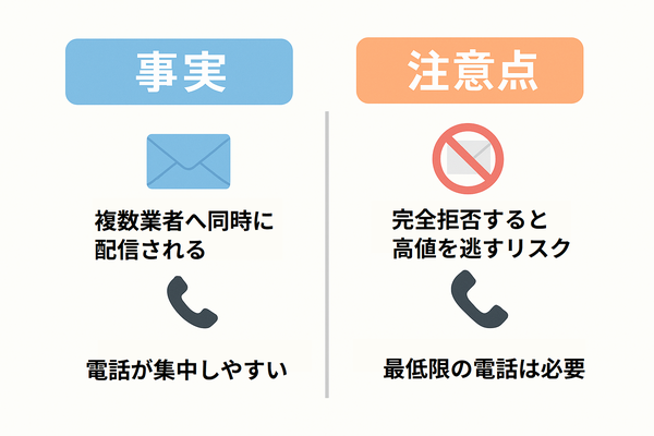 車 一括査定 電話 しつこい 回避 方法｜事実（複数業者に同時配信され電話が集中）と注意点（完全拒否は高値を逃す）を比較したイラスト