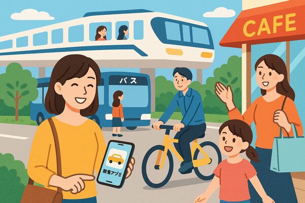 電車やバス、自転車や配車アプリを利用し、車がなくても快適に暮らす様子を描いたイラスト