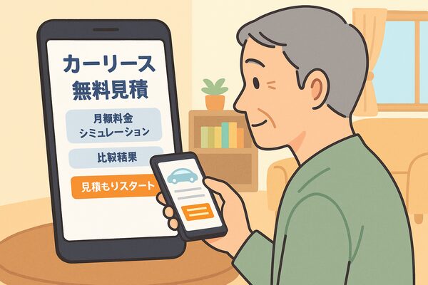 60代男性がスマートフォンでカーリースの無料見積もりを試している様子を描いたイラスト