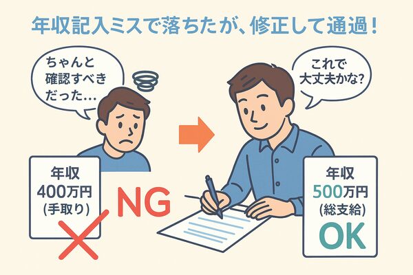 カーリース審査で年収を手取りで記入して落ちたが、総支給額に修正したことで通過できた事例を比較したイラスト。申請書の記入ミスが審査結果に与える影響を視覚的に示す