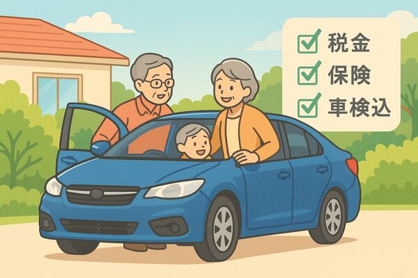 60代夫婦が孫を迎えに行く場面で、税金や保険が込みの安心感を得られる“買わずに乗る”カーライフを象徴するイラスト