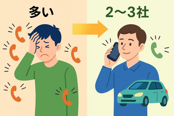 車 一括査定 電話 しつこい 回避 方法｜申込みを2～3社に限定して電話ラッシュを減らす様子を描いたイラスト