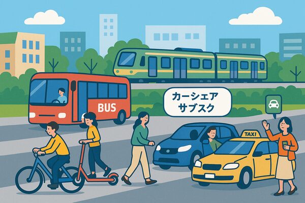 自転車や電動キックボード、公共交通、カーシェアやタクシーなど、車を持たない人が利用する多様な移動手段を一つの街の風景に描いたイラスト